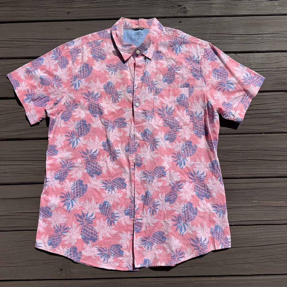Izod Men's Pink and Blue Floral Shirt - Size XL